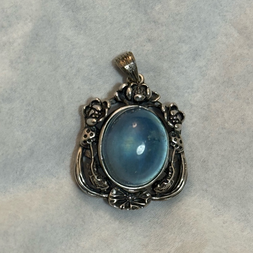 Aquamarine 925 silver pendant cabochon lotus fairy blue crystal necklace